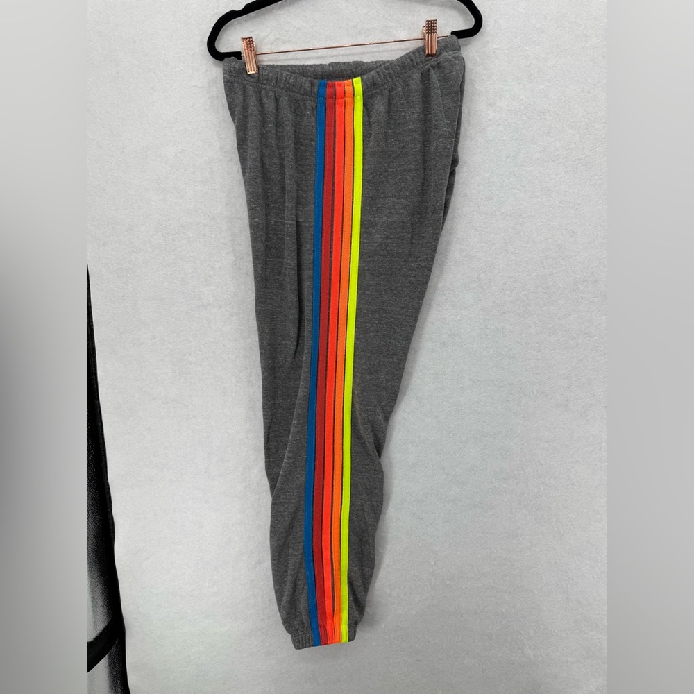 AVIATOR NATION‎ SWEATPANTS 5 STRIPE SWEATPANT HEATHER GREY NEON STRIPE LARGE